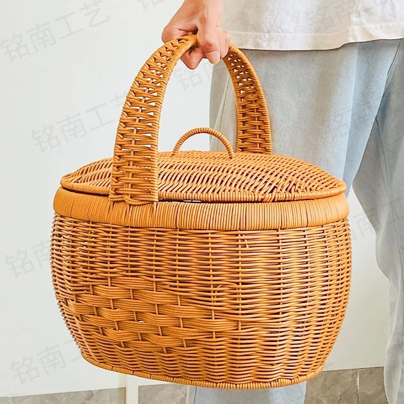 户外纯手工编织手提篮子带盖家用鸡蛋篮超市买菜仿藤编买菜篮子