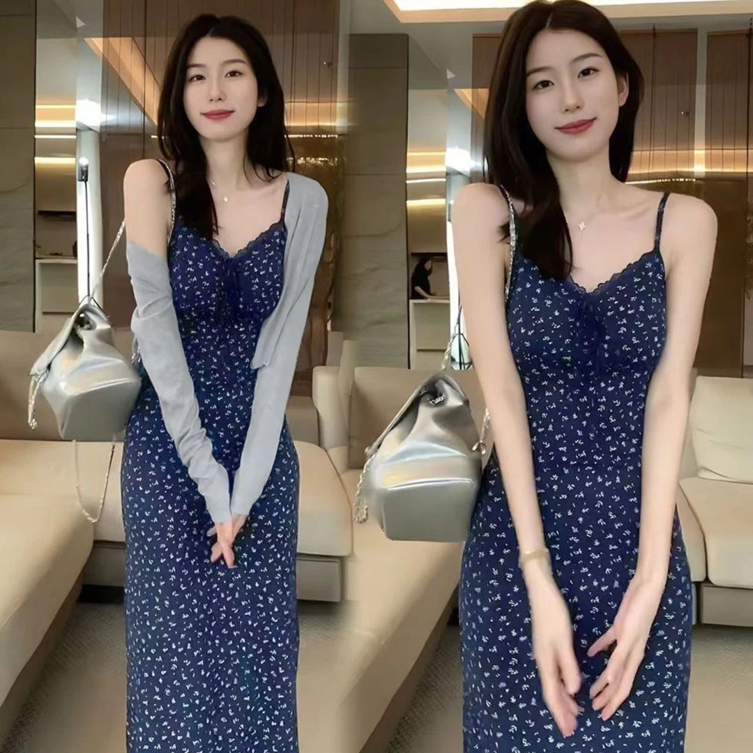 韩版气质温柔碎花吊带裙套装两件套女2025夏季新款收腰显瘦连衣裙