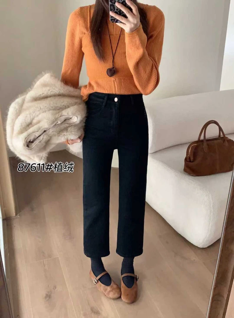 复合绒牛仔烟管裤加绒秋冬植绒直筒显瘦