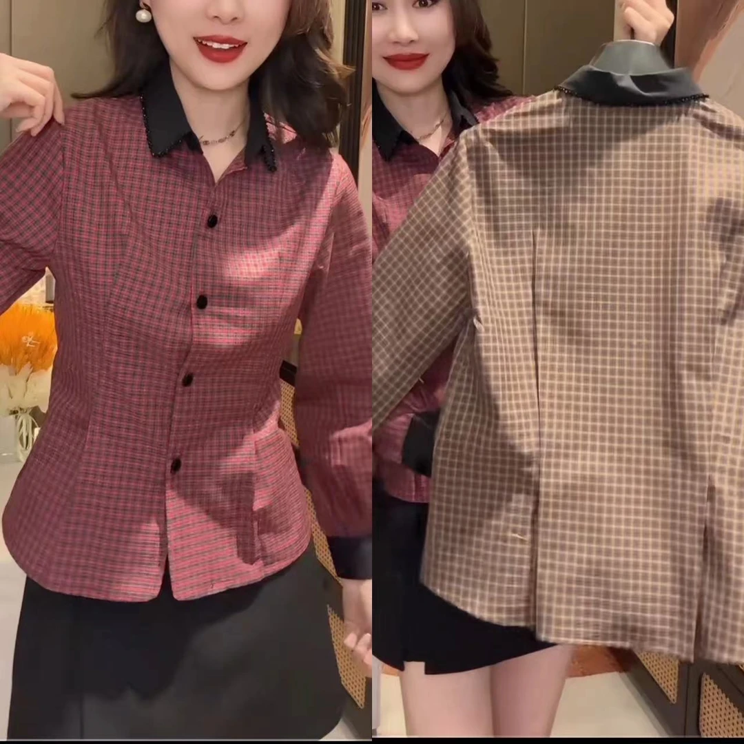 韩版休闲风纽扣衬衫冬季复古风ins修身格纹上衣