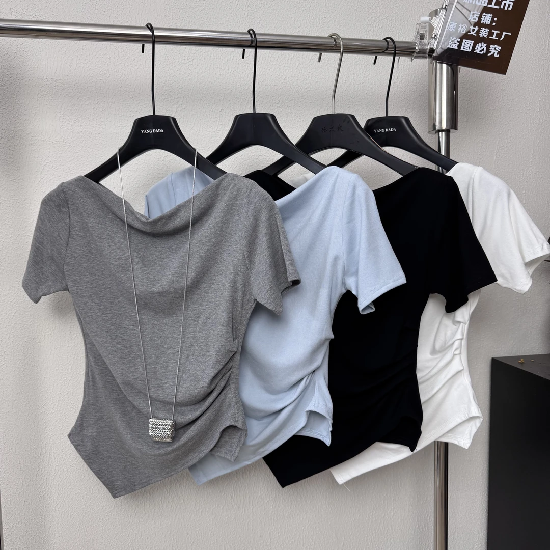 堆领一字肩不规则下摆收腰显瘦百搭新款外穿修身显瘦气质收腰上衣