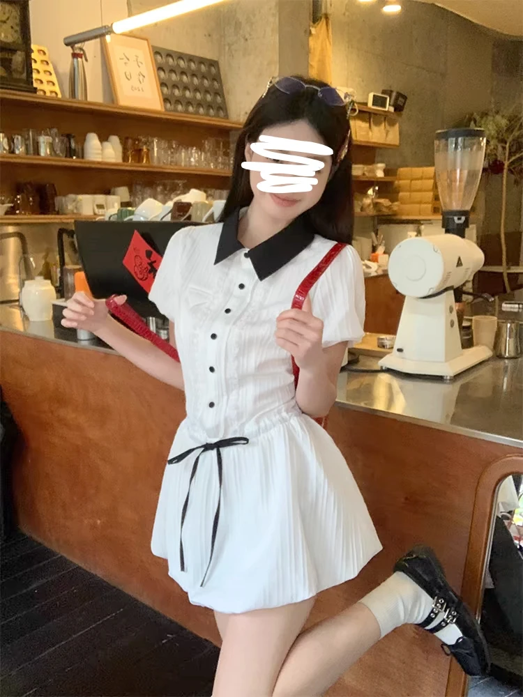 萌萌【白色连衣裙】夏季气质收腰显瘦学院风套装短裙子988017