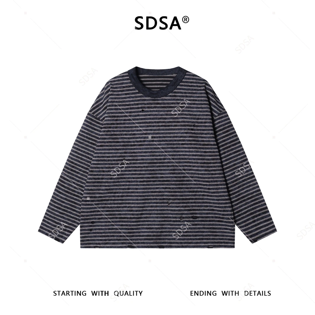 SDSA男士秋冬新款痞帅男装韩版撞色条纹破洞圆领长袖T恤百搭时尚