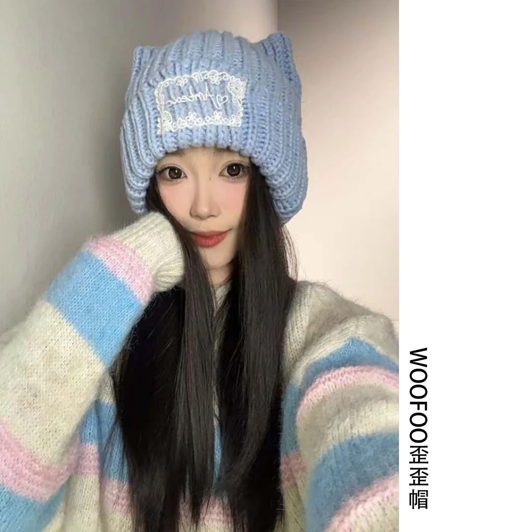 WOOFOO歪歪帽 软糯针织帽子女秋冬新款加厚保暖可爱耳朵毛线帽