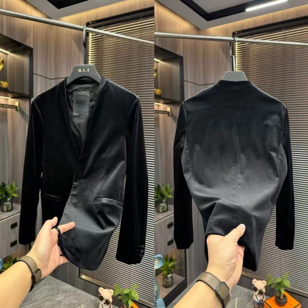 修身型西服上装帅气不起球时尚男装丝绒商务百搭男士无领西服