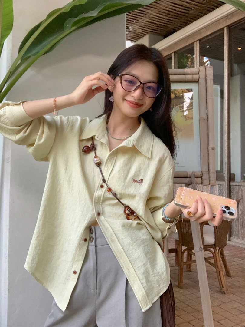 韩系小个子长袖防晒衬衫女夏季2025新款气质百搭刺绣衬衣显瘦上衣