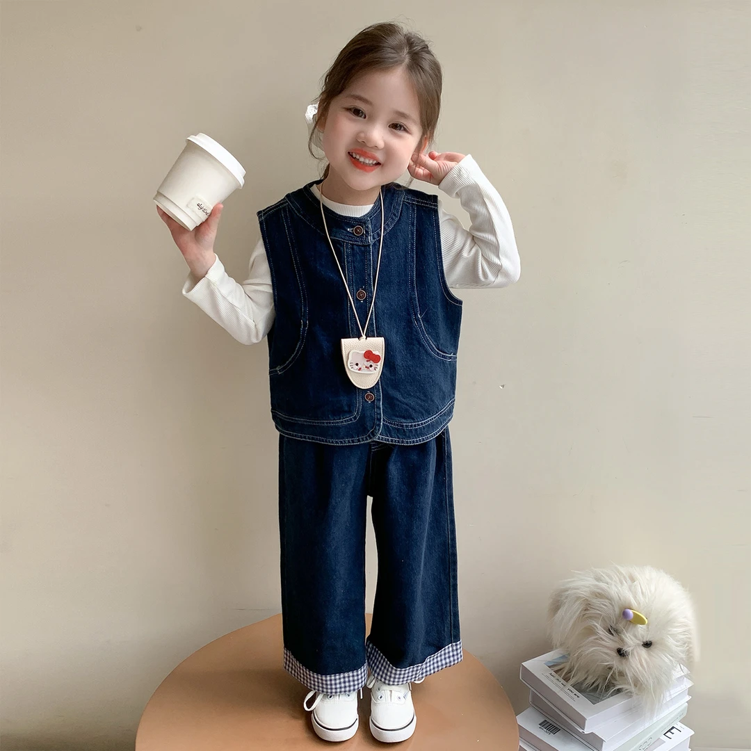 女童春秋牛仔套装2025新款儿童洋气秋装小女孩网红马甲裤子三件套