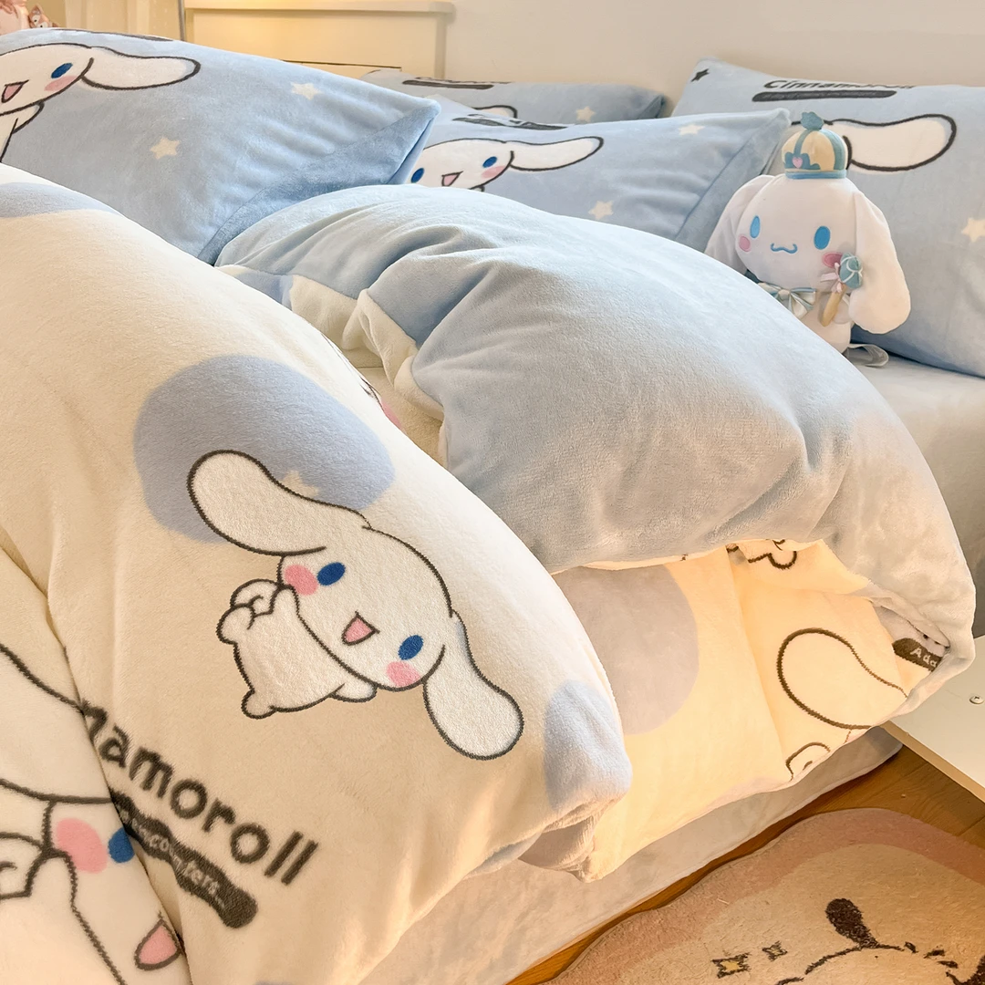水星高端适用家纺卡通玉桂狗牛奶绒床上四件套加厚珊瑚绒被套床单