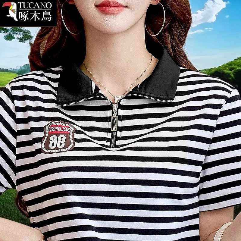 啄木鸟新款条纹POLO领刺绣T恤女2025年夏季薄款短袖洋气小众上衣