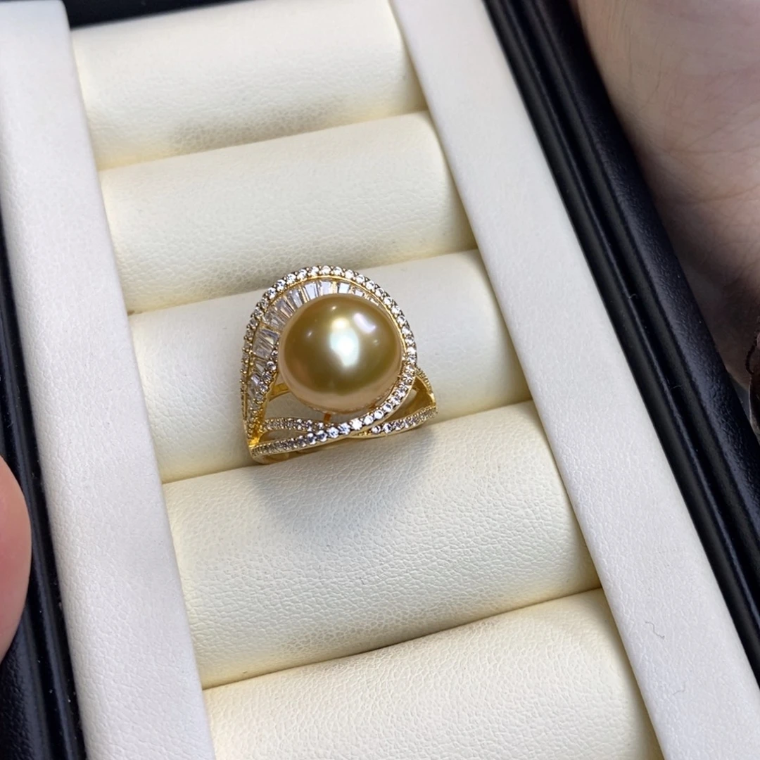 天***全银S925镀金镶嵌海水珍珠戒圈