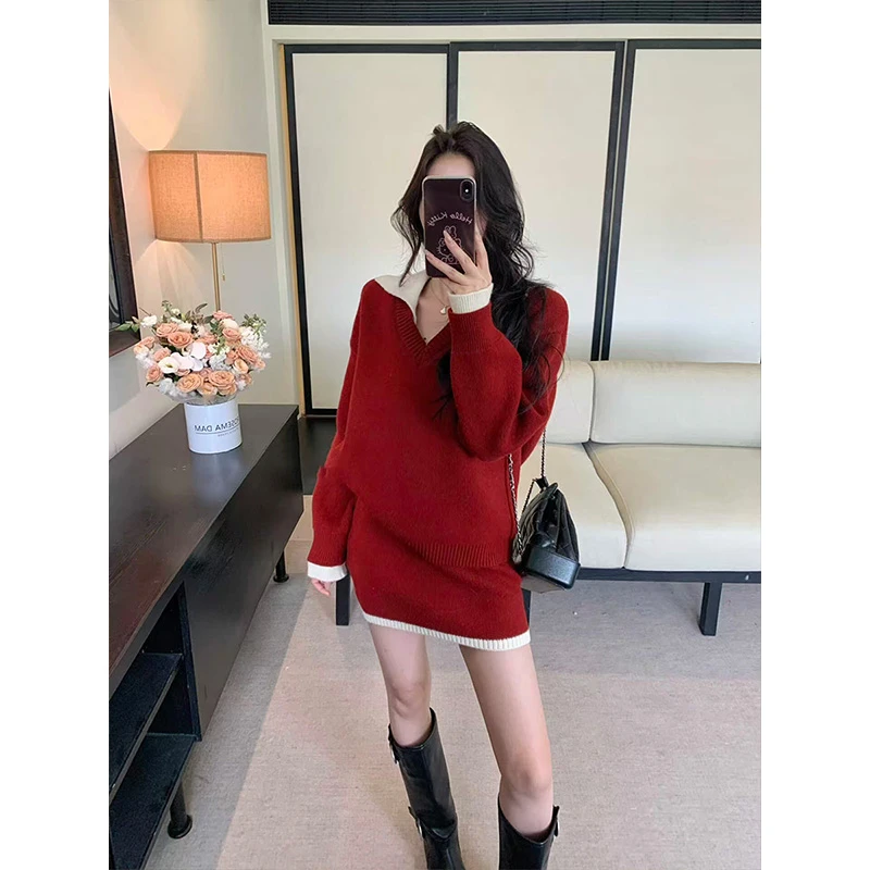 韩系轻熟风V领长袖红色毛针织衫女冬季新款休闲包臀短裙套装26573