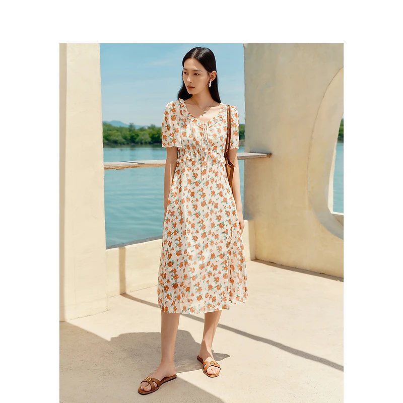 迪赛尼斯夏季甜美通勤风碎花长裙短袖木耳边高腰连衣裙