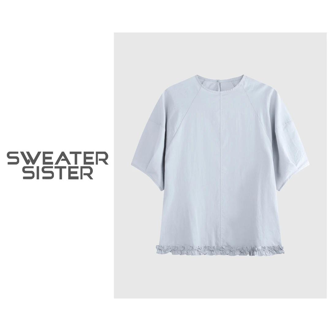 甜美减龄木耳边宽松圆领五分袖衬衫上衣女5225-52738