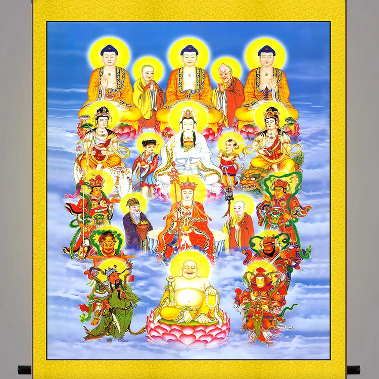 圆轴全堂佛全屏满屏油画布挂画 全佛图佛祖菩萨 佛堂佛龛卷轴挂画