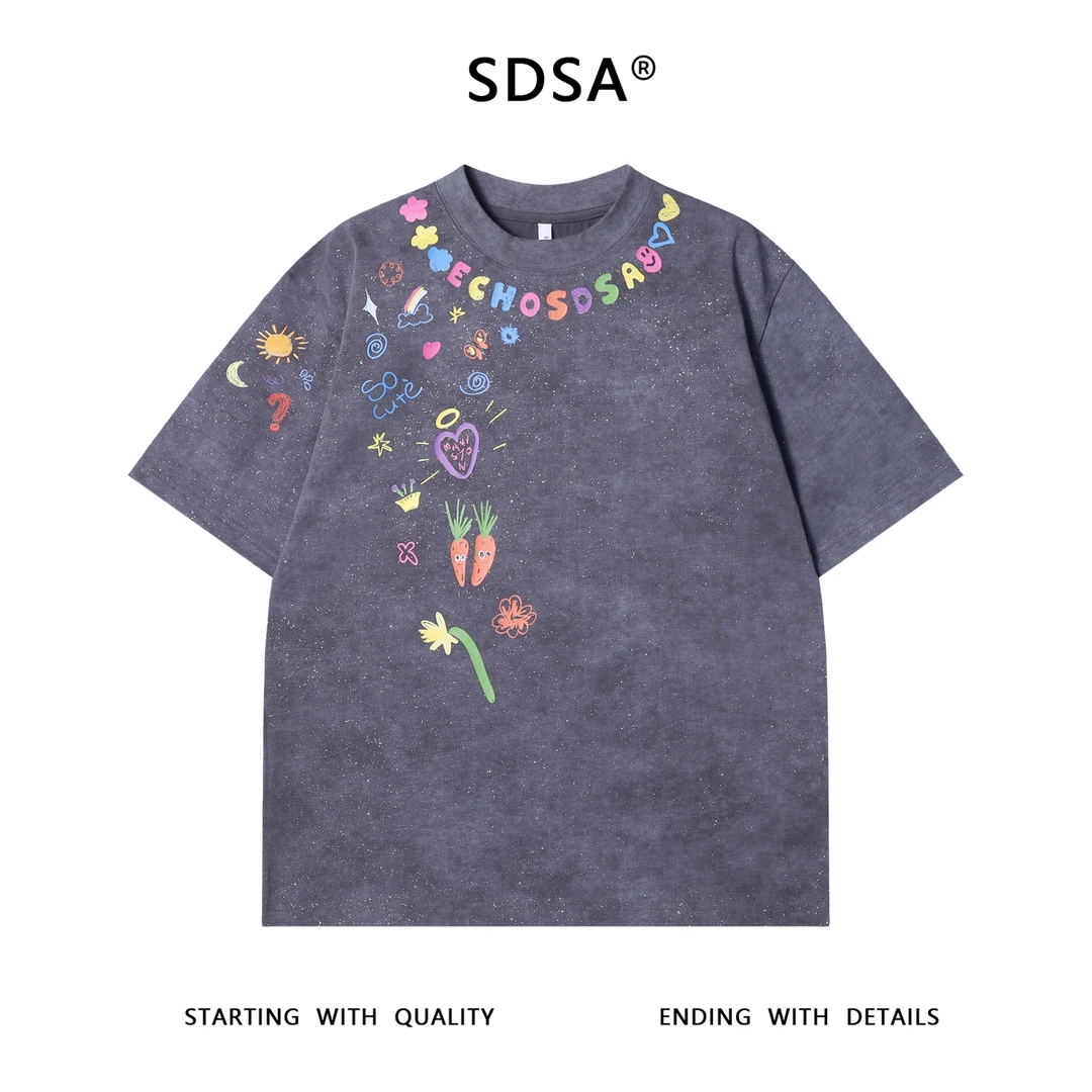 夏季高级感新款男士满天星趣花丛卡通字母印花短袖T恤百搭上衣