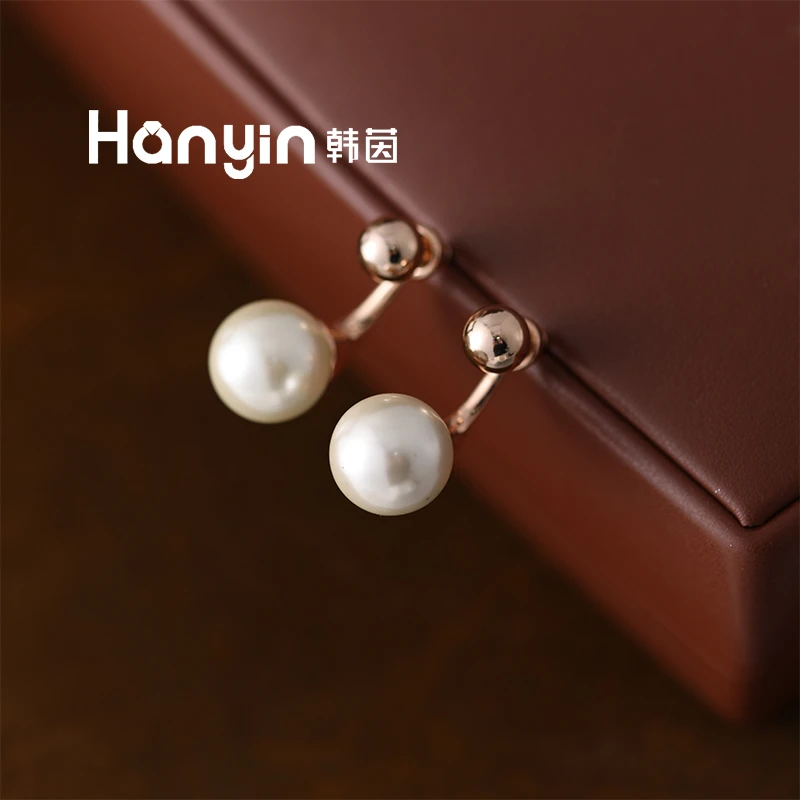 铜合金仿珍珠耳饰 925银针 14mm珠珠前后戴喇叭花精致百搭耳钉