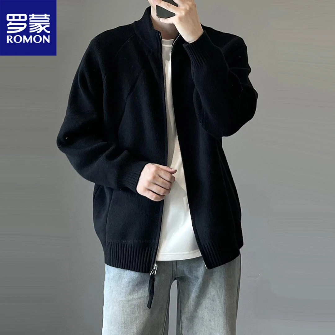 罗蒙时尚百搭针织开衫外套男款春秋高级感慵懒风韩系立领拉链毛衣