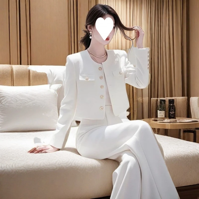 2025春季韩系洋气小香风白色外套套装搭配阔腿裤潮