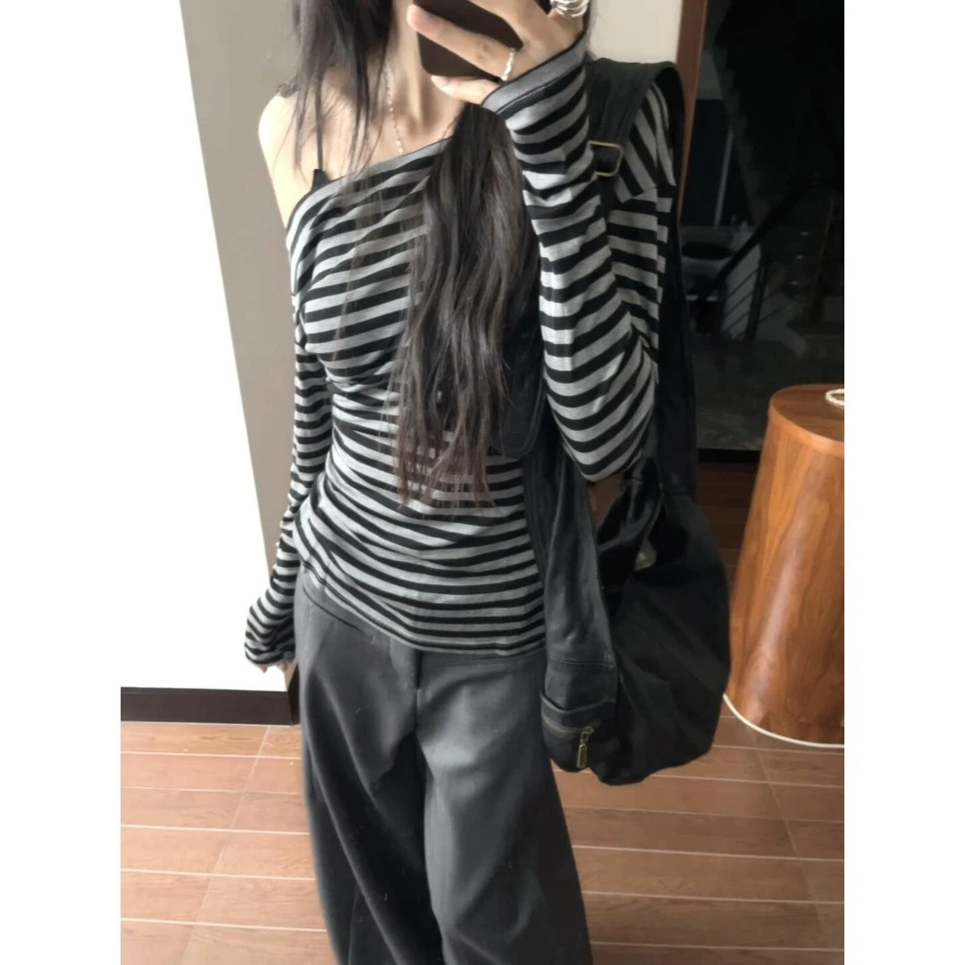 复古撞色条纹斜肩时尚长袖T恤美式hiphop氛围感穿搭针织打底上衣