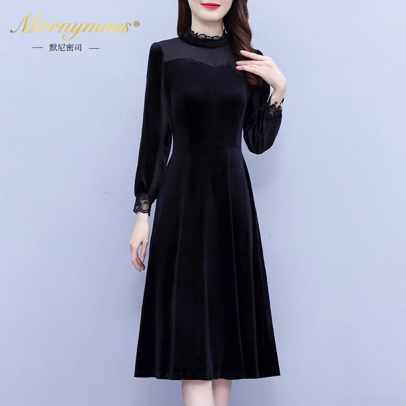 默尼密司品牌金丝绒连衣裙女2025秋冬季新款时尚气质中长款裙子