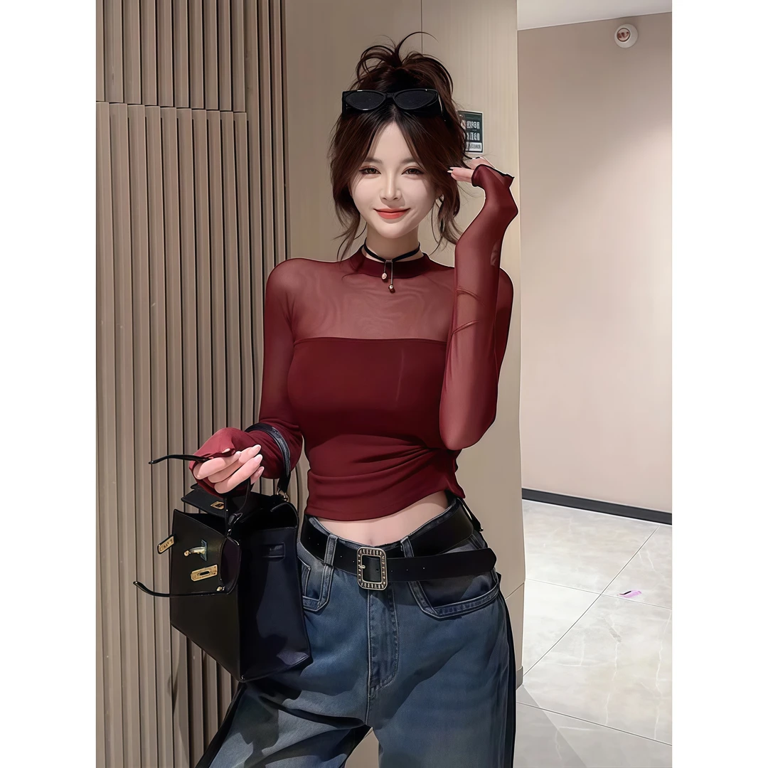 性感纯欲网纱拼接长袖T恤女秋季新款纯欲修身显瘦内搭打底衫上衣