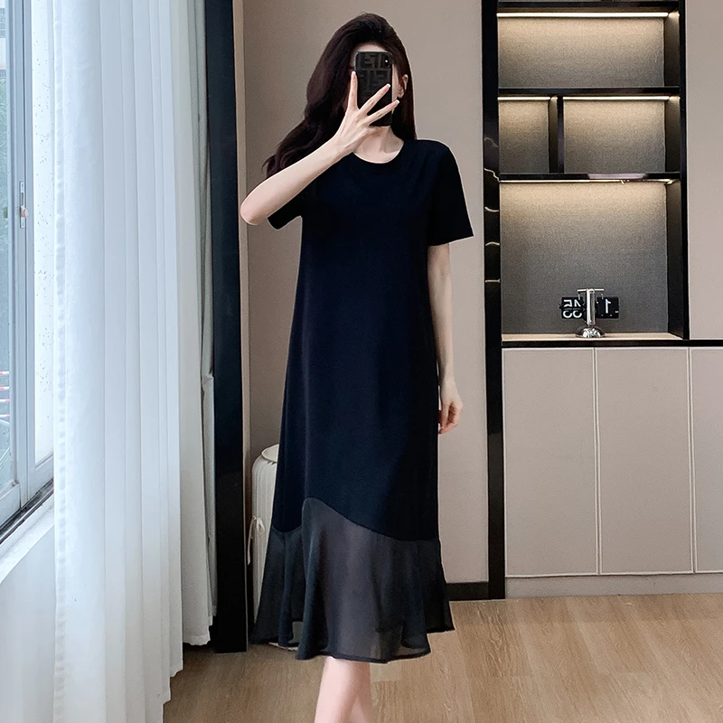 轻职风修身气质黑色夏季裙子遮肚连衣裙大码休闲纯色法式拼接圆领