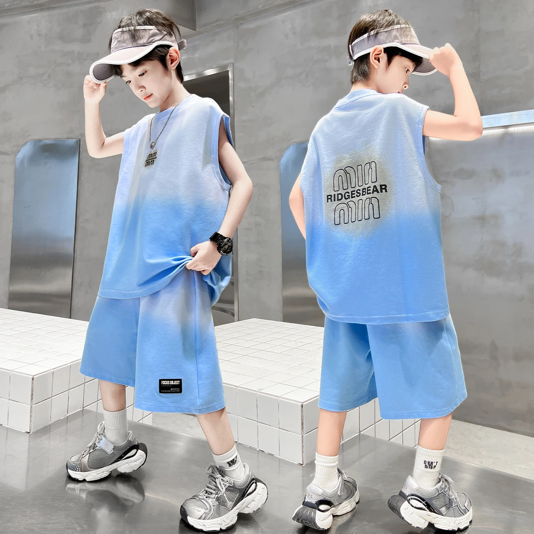 男童夏款套装2025新款无袖T恤衫中大儿童两件套【奇斯熊2】B5384