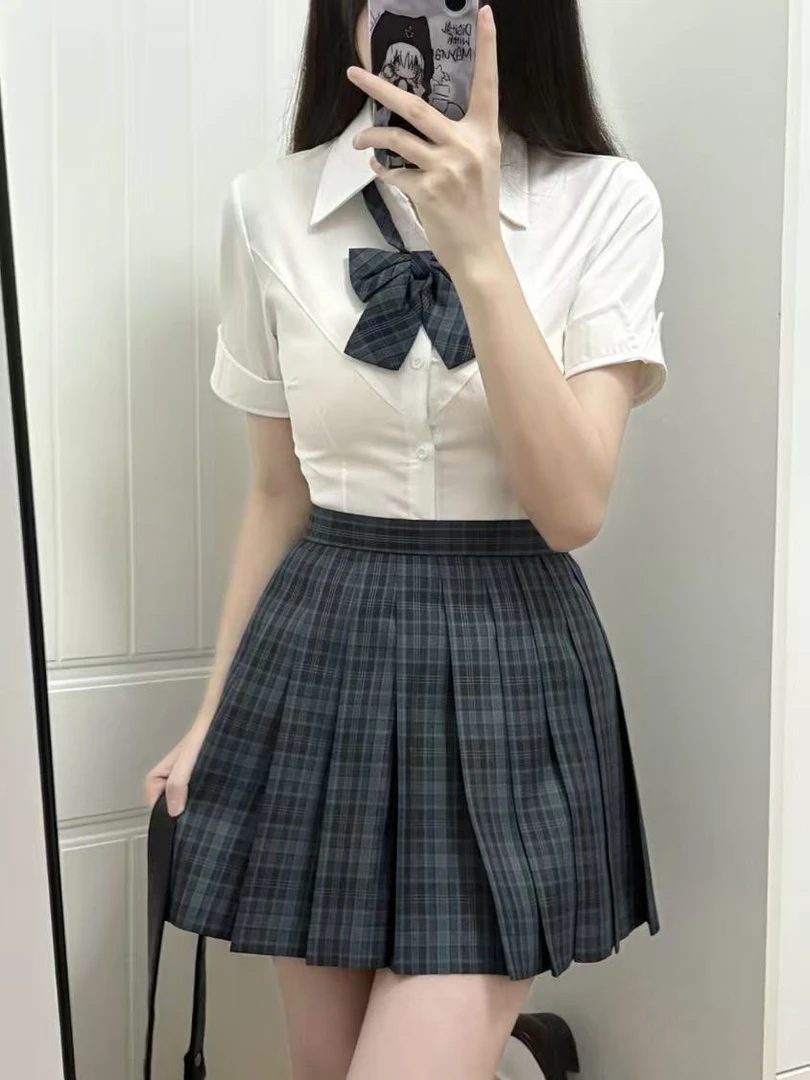 日系JK制服甜美学院风收腰衬衫短袖女显瘦显腿冈海苔格裙