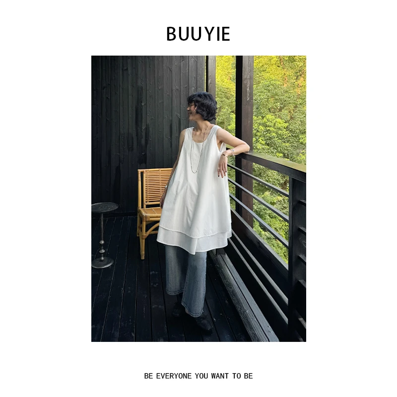 BUUYIE 25SS【白兰】复古纯色拼接无袖背心连衣裙 250431