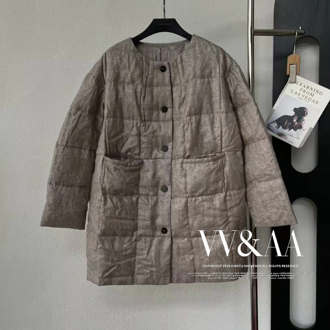 VV&AA 复古质感亚麻圆领休闲设计羽绒服 ABJ4847