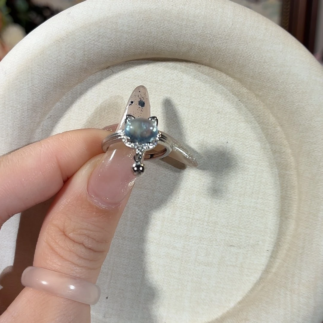 戒圈海蓝宝石合金海蓝宝猫咪戒指可调节