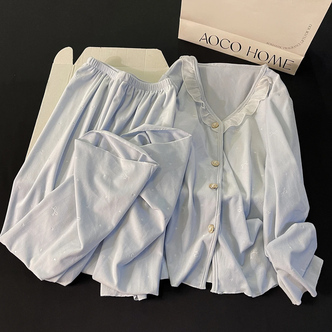 甜美睡衣女新款冬季加厚保暖海岛绒蓝色花边蝴蝶结长袖家居服套装