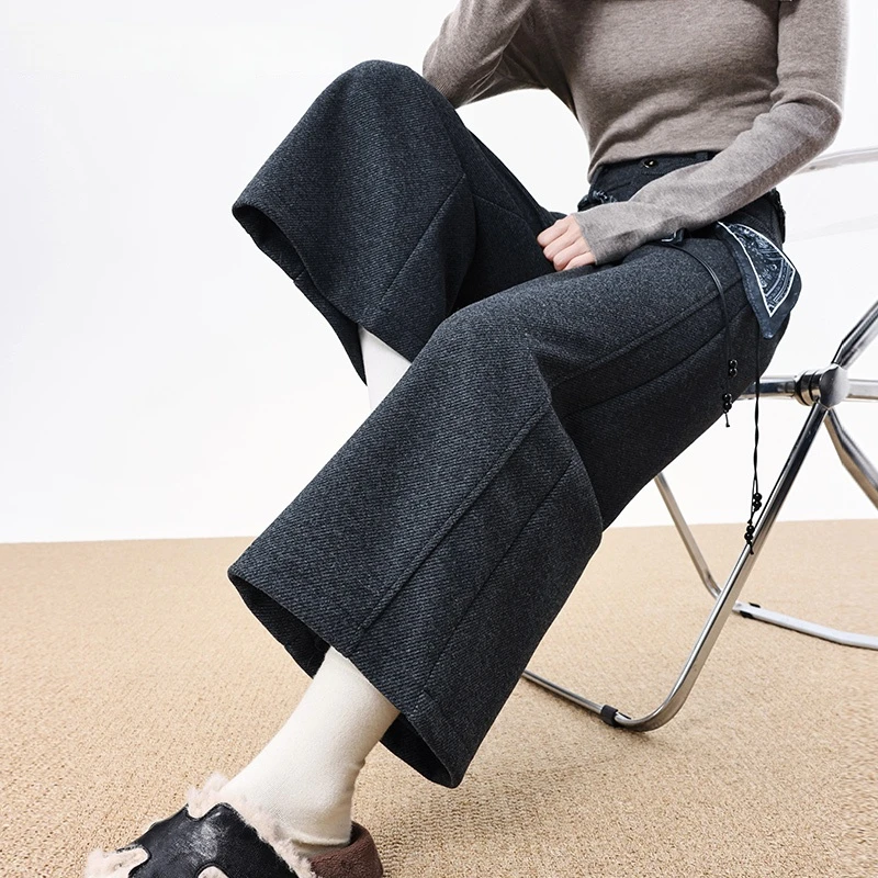 毛呢阔腿裤女秋冬季2025年新款加厚高腰宽松显瘦小个子九分直筒裤