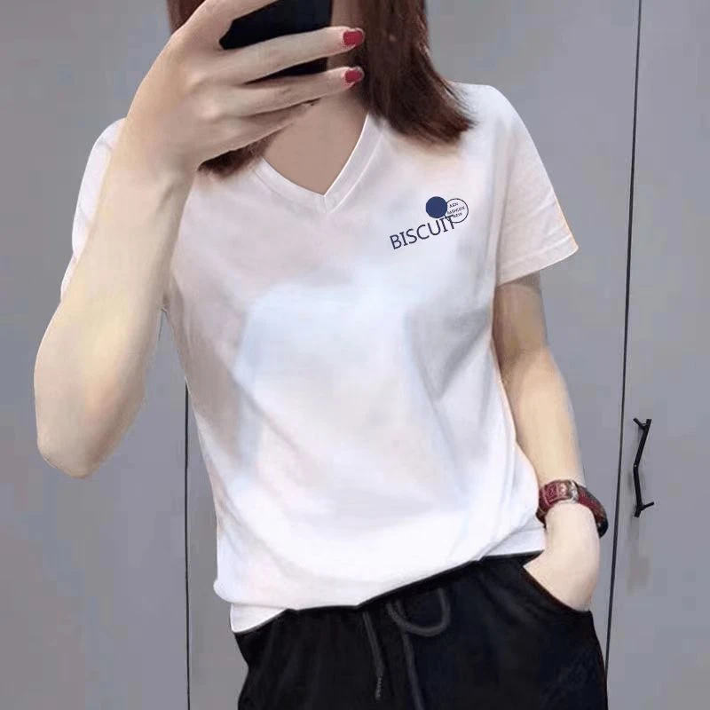 韩系正肩短袖t恤女2025新款夏季显瘦内搭辣妹装宽松设计感V领上衣