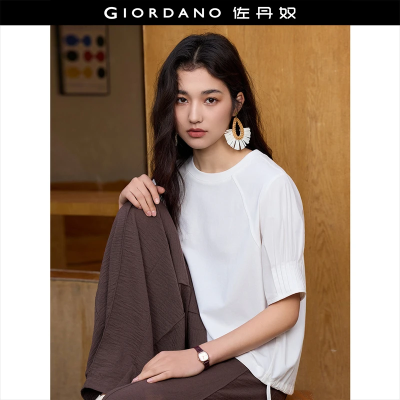 佐丹奴25夏新款小众设计感T恤女装拼接压褶短袖圆领T恤 18325202