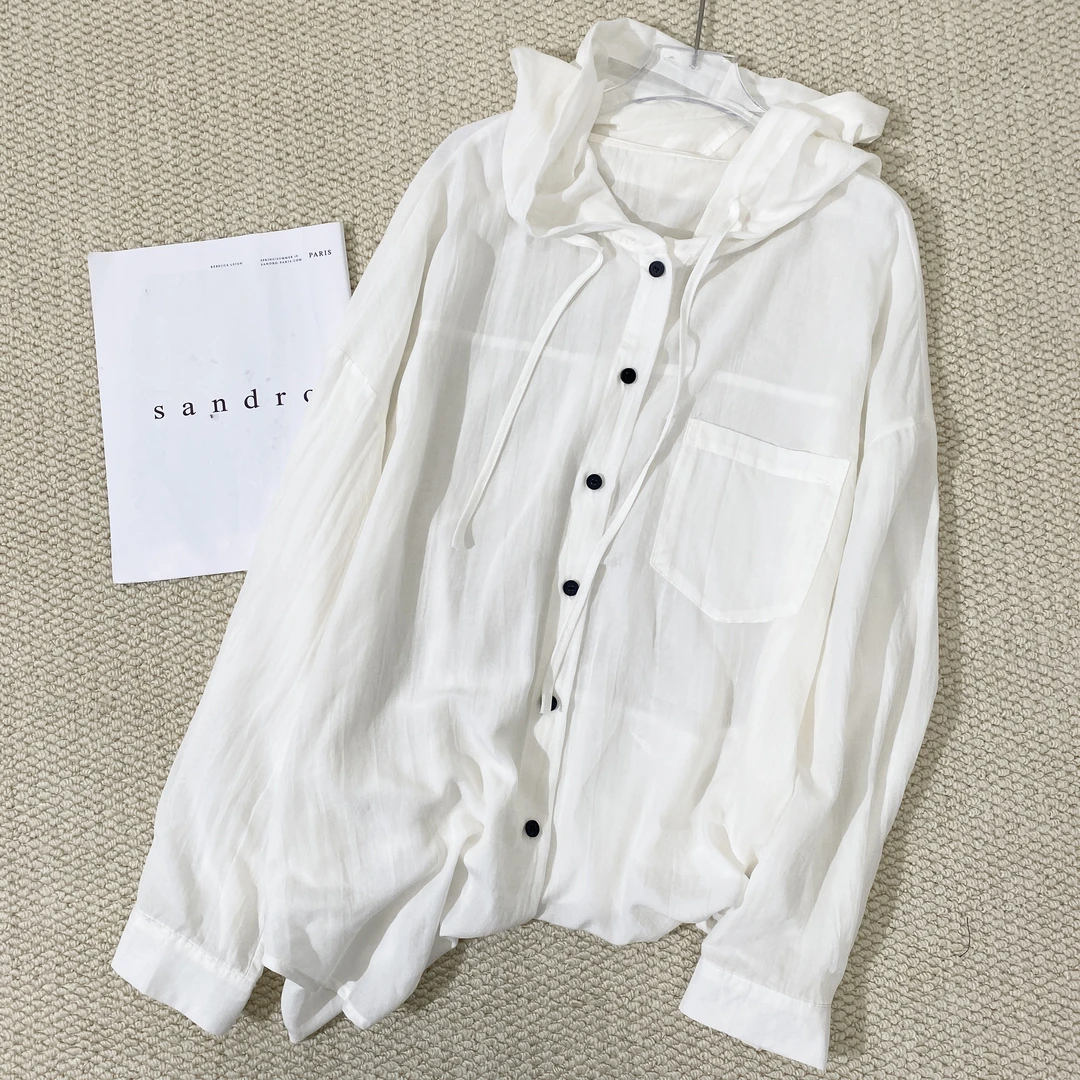 小韩日记【闲暇晴空】连帽衬衫时尚时尚百搭夏季薄款纯色长袖88087