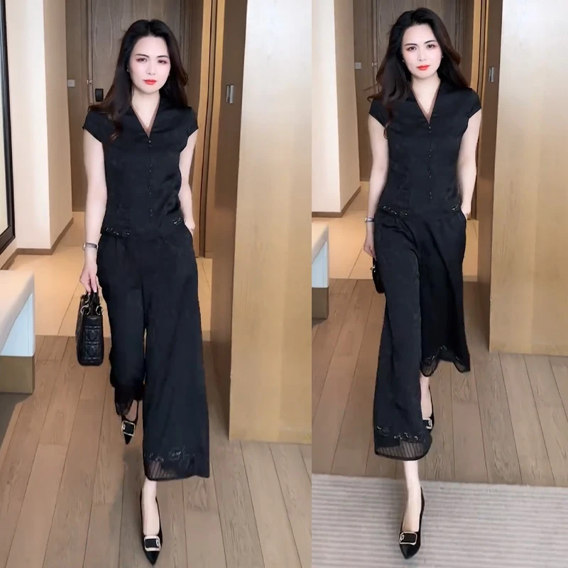 时尚套装女2025夏季新款洋气质蕾丝显瘦短袖高腰阔腿裤减龄两件套