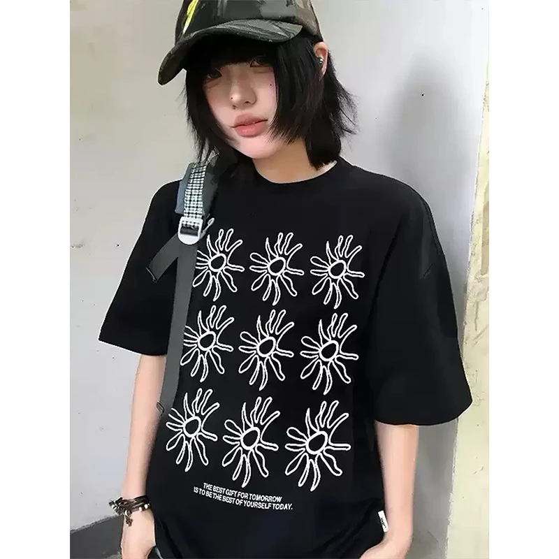 280g重磅黑色太阳花印花t恤男夏季小众美式情侣短袖cleanfit半袖