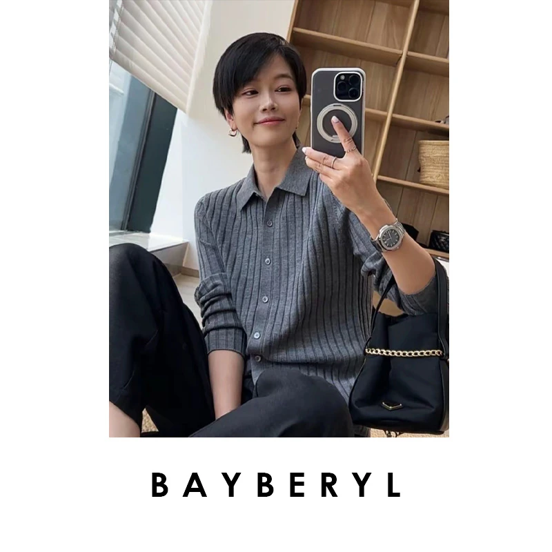 BAYBERYL老贝进阶Polo*坑条气质秋瘦翻领百搭针织衫ZZS5E2204