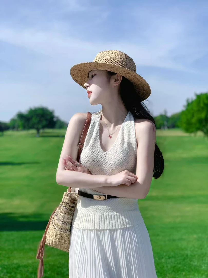 2025夏季新款法式气质露背V领显瘦挂脖背心上衣高腰百褶半身裙