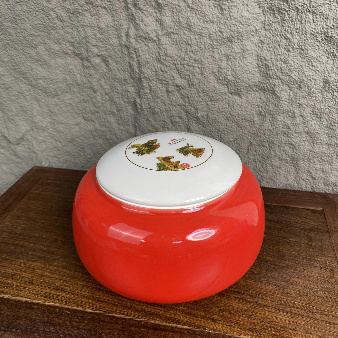 G3239-乡村风光图红色茶叶罐手工陶瓷创意大红密封储存家用罐子