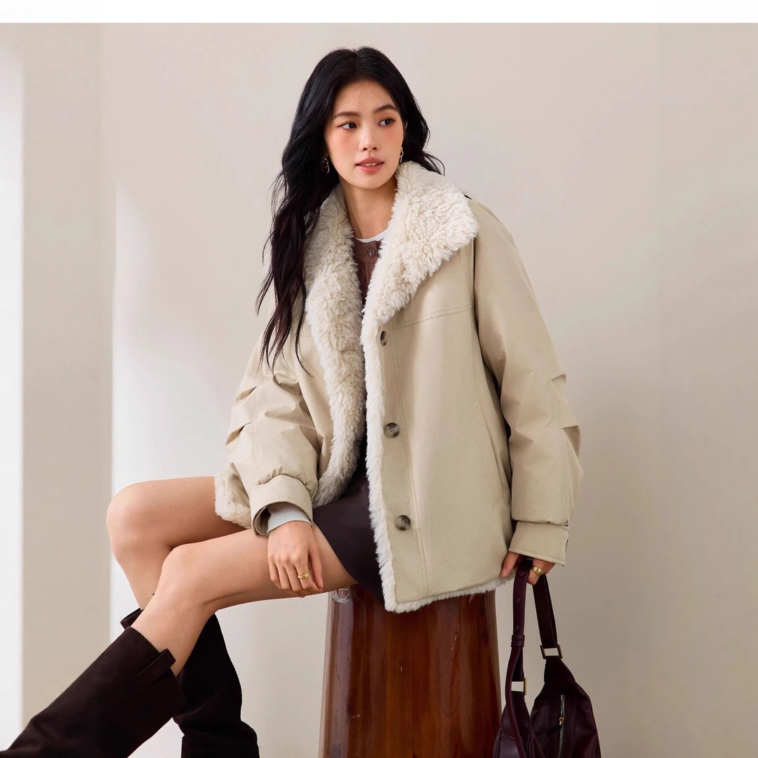 DUCURNO翻领拼接羽绒服女冬季2026新款休闲气质加厚保暖短款外套