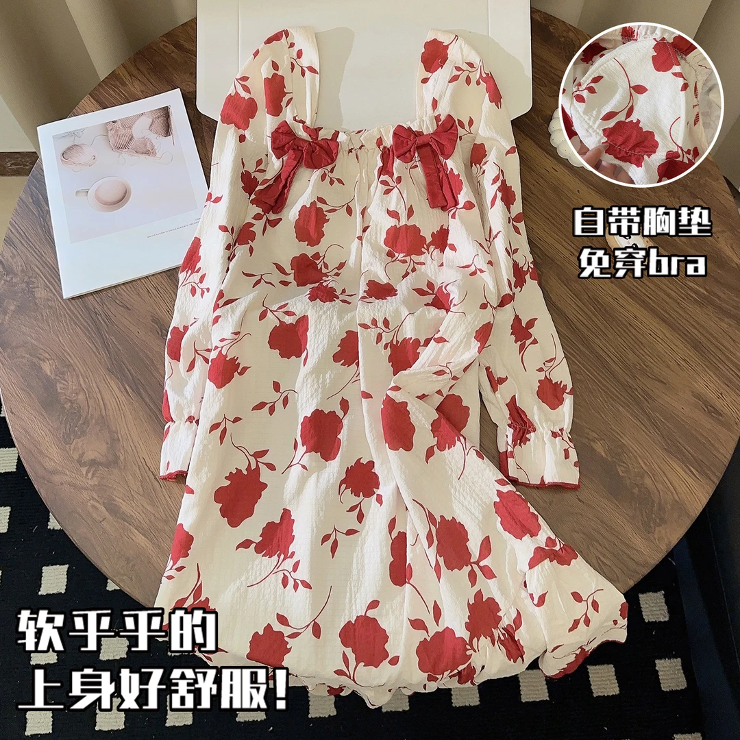 带胸垫睡裙春秋季女款高级感红玫瑰睡衣可外穿2025新款薄款家居服