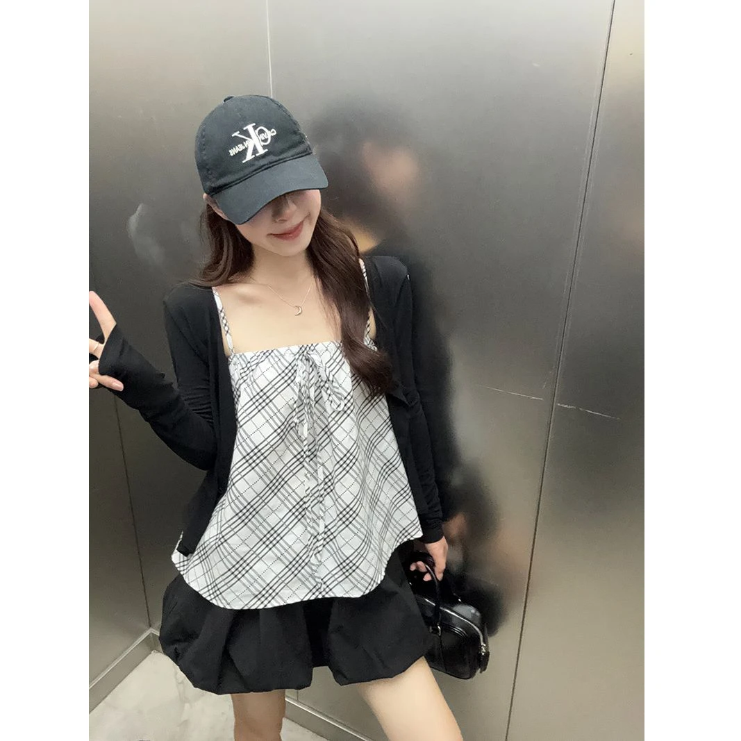 春秋气质宽松背心T恤韩版大码女装时尚格子显瘦外穿ins吊带两件套