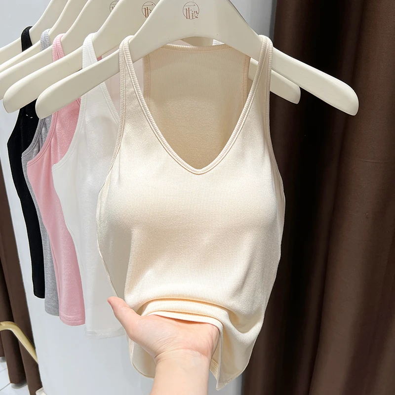 纯欲风性感大V领露锁骨内搭吊带上衣女小众杏色百搭无袖运动背心