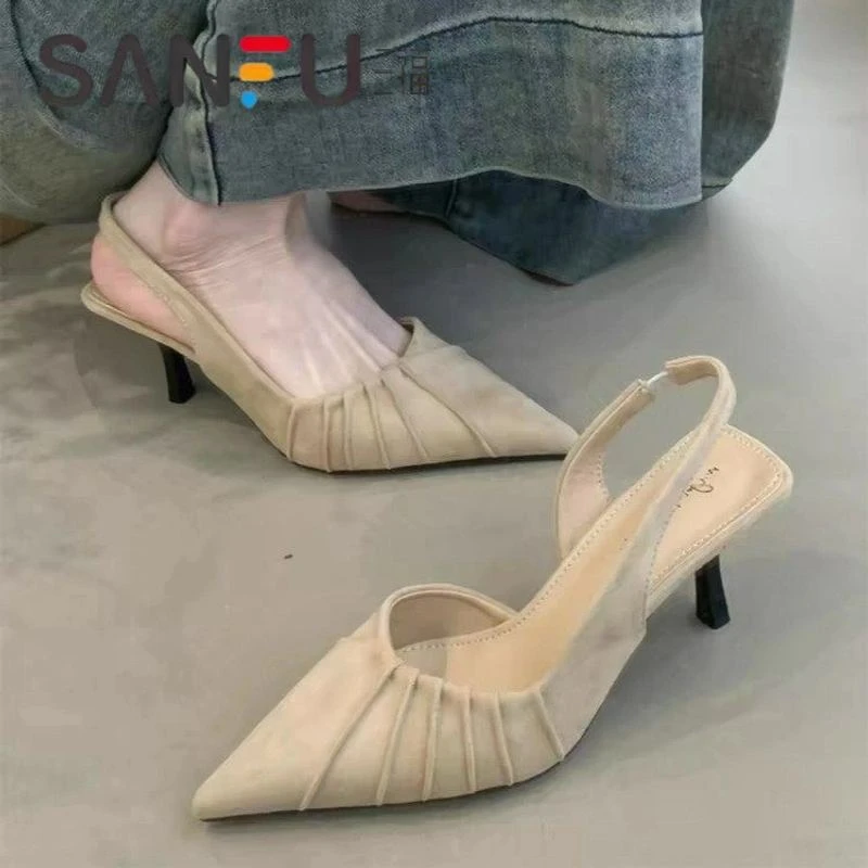 三福裸色法式细跟高跟鞋包头凉鞋仙女鞋子2025春夏季气质尖头单鞋