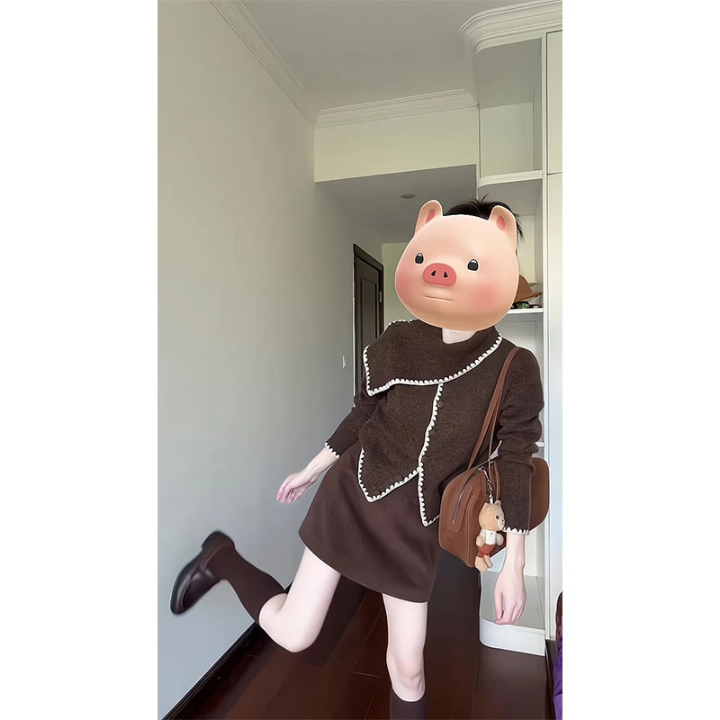 复古围巾领撞色毛衣女2025冬设计感慵懒毛针织上衣显瘦a字半身裙