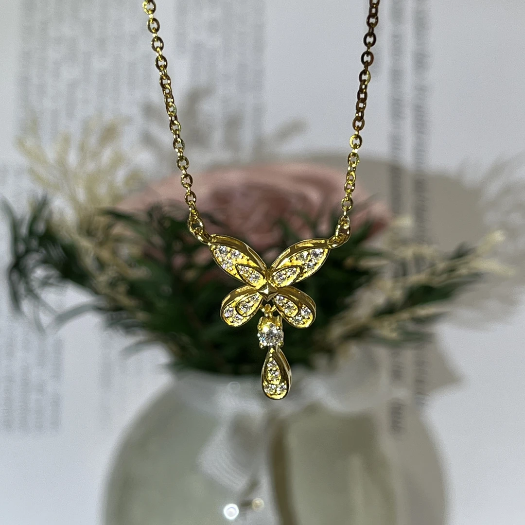 【麦绮珠宝】足金999古法镶嵌莫桑水滴蝴蝶套链轻奢时尚百搭项链