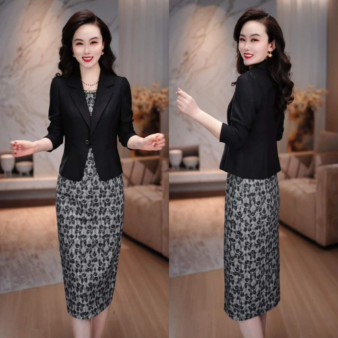 西服外套+连衣裙2025早秋时尚高级感显瘦减龄两件套连衣裙M-5XL