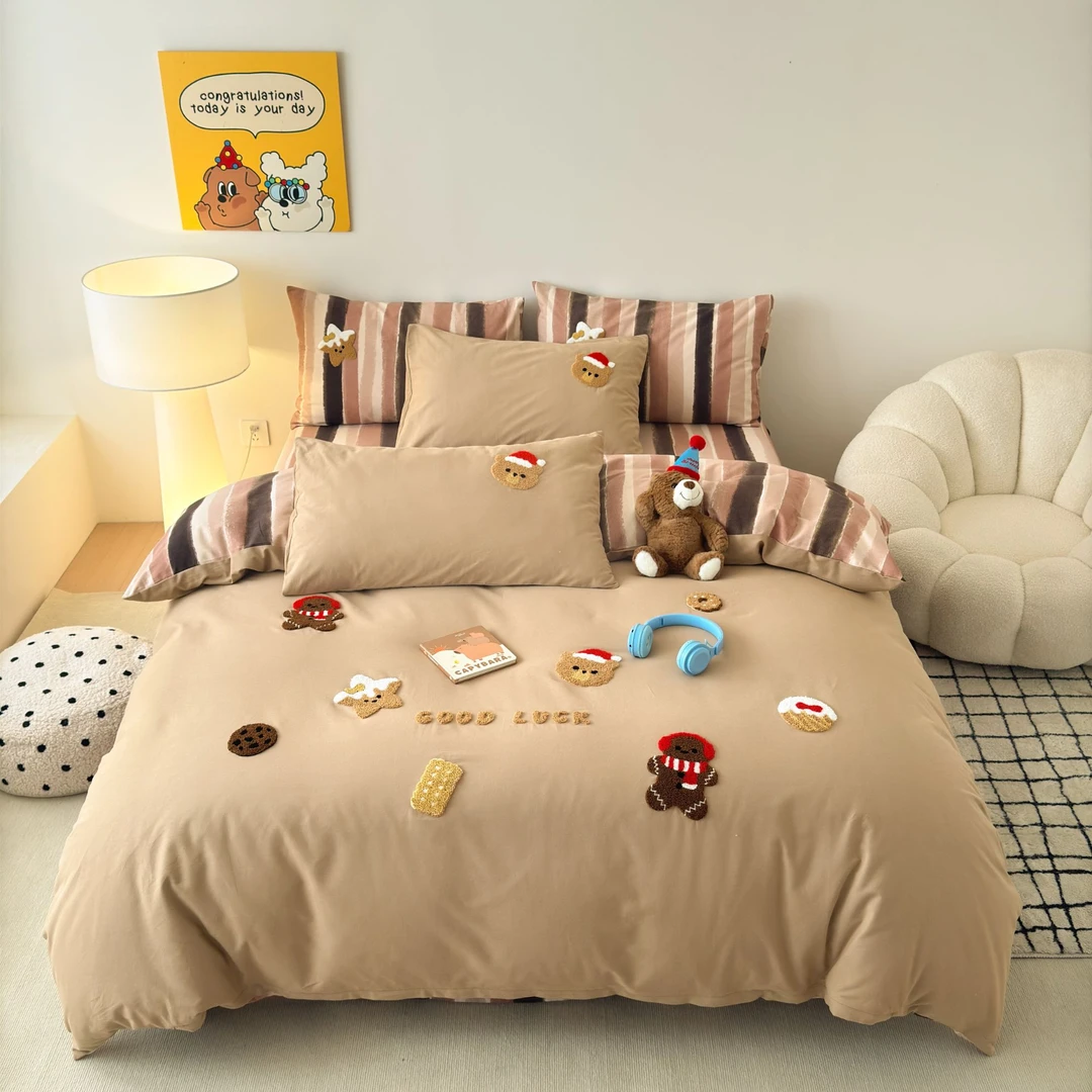 美玲 姜饼人高端全棉长绒棉磨毛120支CR工艺刺绣工艺款四件套绣花